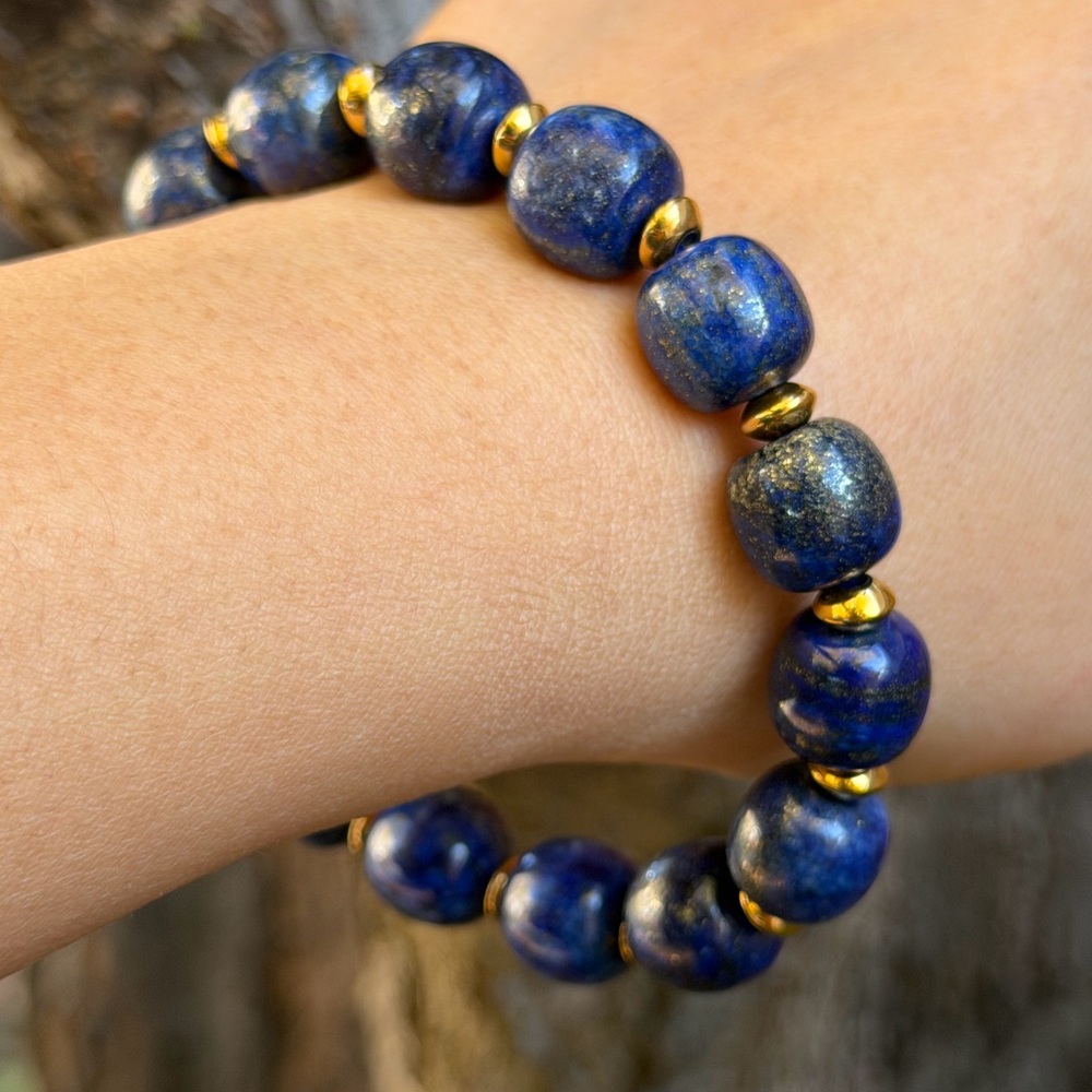 12mm stretchable‎ stainless steel lapis lazuli barrel bracelet 0770 - Picture 10 of 10